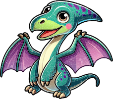 A cartoon dragon with teal and purple coloring, smiling and showing its wings.