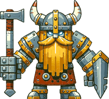 Pixel art Viking warrior with armor and weapons