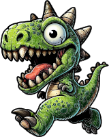 A green cartoon dinosaur with large eyes and sharp teeth