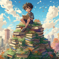 A boy reading on a stack of books with a cityscape in the background