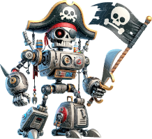 A cartoon robot pirate with a skull face and a Jolly Roger flag
