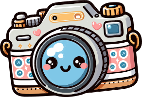 Cartoon camera with a smiling blue lens and decorative elements