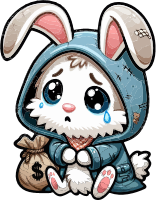 Cartoon bunny in a blue hoodie crying with a money bag
