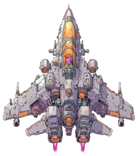 Illustration of a futuristic fighter jet with gray and orange accents