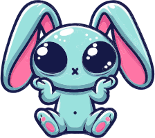 Cute blue cartoon bunny with large eyes and pink inner ears