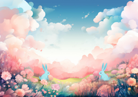 Two blue bunnies in a field of pink flowers under a blue sky with fluffy clouds.
