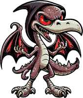 A cartoon dragon with red eyes and sharp teeth