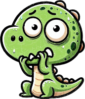 A cartoon green dinosaur with a worried expression