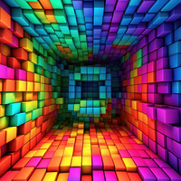 A tunnel constructed from multicolored, radiant cubes.