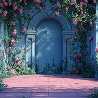 A blue arched doorway surrounded by blooming roses on a pink tiled floor.