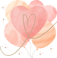 An illustration of pink and peach heart-shaped balloons with ribbons and flowers