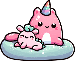 Cartoon axolotl and unicorn resting on an inflatable ring
