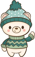 Cartoon bear wearing a green knit hat with a pompom and a matching sweater.