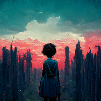 A woman with short, curly hair in a blue dress stands facing away from the viewer, looking at a surreal landscape with tall, dark structures