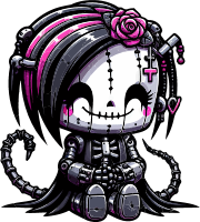 A cartoon-style illustration of a sugar skull with cyberpunk elements, featuring black hair with pink accents and a rose.