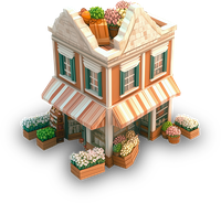 3D illustration of a charming house with flowers and awnings