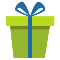 A green gift box with a blue ribbon