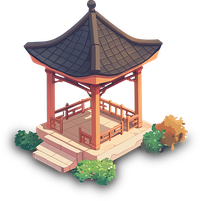Illustration of a traditional Asian gazebo with a tiled roof and wooden pillars, surrounded by green plants.