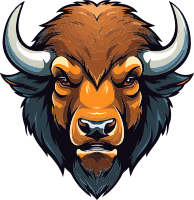 Digital illustration of a bison's head with large horns and shaggy fur