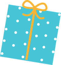 A blue gift box with white polka dots and a yellow ribbon