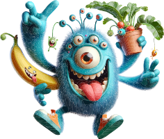 A blue cartoon monster with a big smile, holding a potted plant in one hand and a banana in the other.