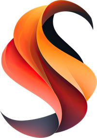 Gradient logo with swirling red, orange, and black shapes