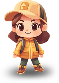 Cartoon character in yellow attire with a backpack