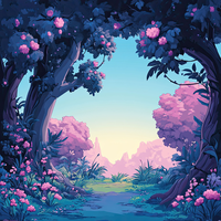 A digital illustration of a peaceful forest path with pink flowers and trees under a blue sky.