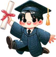 Cartoon character in blue graduation gown and cap holding a diploma