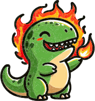 A cartoon green dinosaur with flames and fire