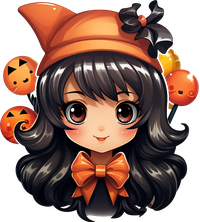 Cute anime girl in Halloween costume with orange hat and bow