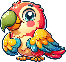 A cartoon parrot with red, blue, yellow, and orange feathers