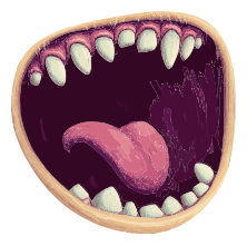 An open mouth with a tongue and white teeth