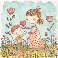 Illustration of a boy and girl holding hands and a heart-shaped flower in a garden