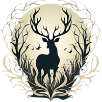 Deer silhouette in a decorative circle with trees and birds