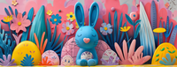 A blue Easter bunny sitting among decorated eggs and floral arrangements