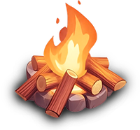 A cartoon-style campfire with orange and yellow flames burning on a pile of brown logs.