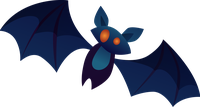A dark blue cartoon bat with orange eyes flying