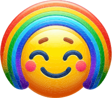 A yellow smiley face with a rainbow background and blushing cheeks