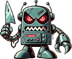 Cartoon robot with red eyes and knife