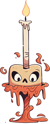 A cartoon candle with a menacing face and melting wax.