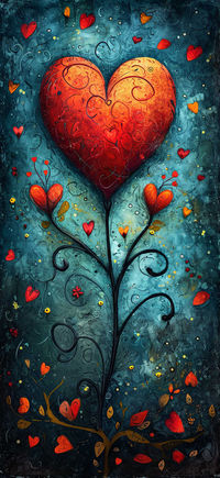 A stylized heart tree with red hearts and swirling patterns against a blue background.