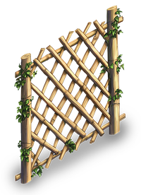 A wooden trellis with green vines