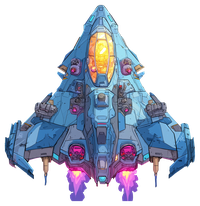A blue and gray triangular spaceship with glowing orange and purple engines