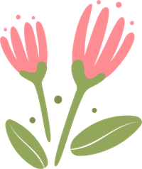 Illustration of two pink flowers with green stems and leaves