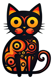 Stylized black cat with vibrant orange and yellow patterns