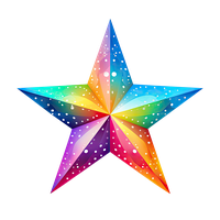 A five-pointed star with a rainbow gradient and white dots.