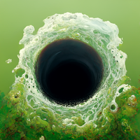 Surreal depiction of a black hole with a swirling green and white vortex