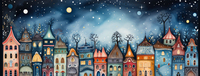 Illustration of a fantastical village at night with diverse, colorful houses and a star-filled sky.