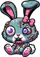 A cartoon bunny with a zombie makeover, having bloodshot eyes and torn flesh.